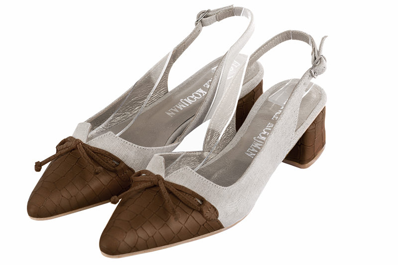 Caramel brown and natural beige women's open back shoes, with a knot. Tapered toe. Low flare heels. Front view - Florence KOOIJMAN